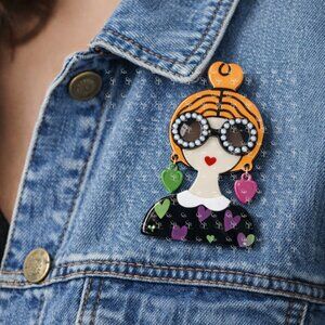 Acrylic Retro Fashion Girl Brooch Statement Lady Pin